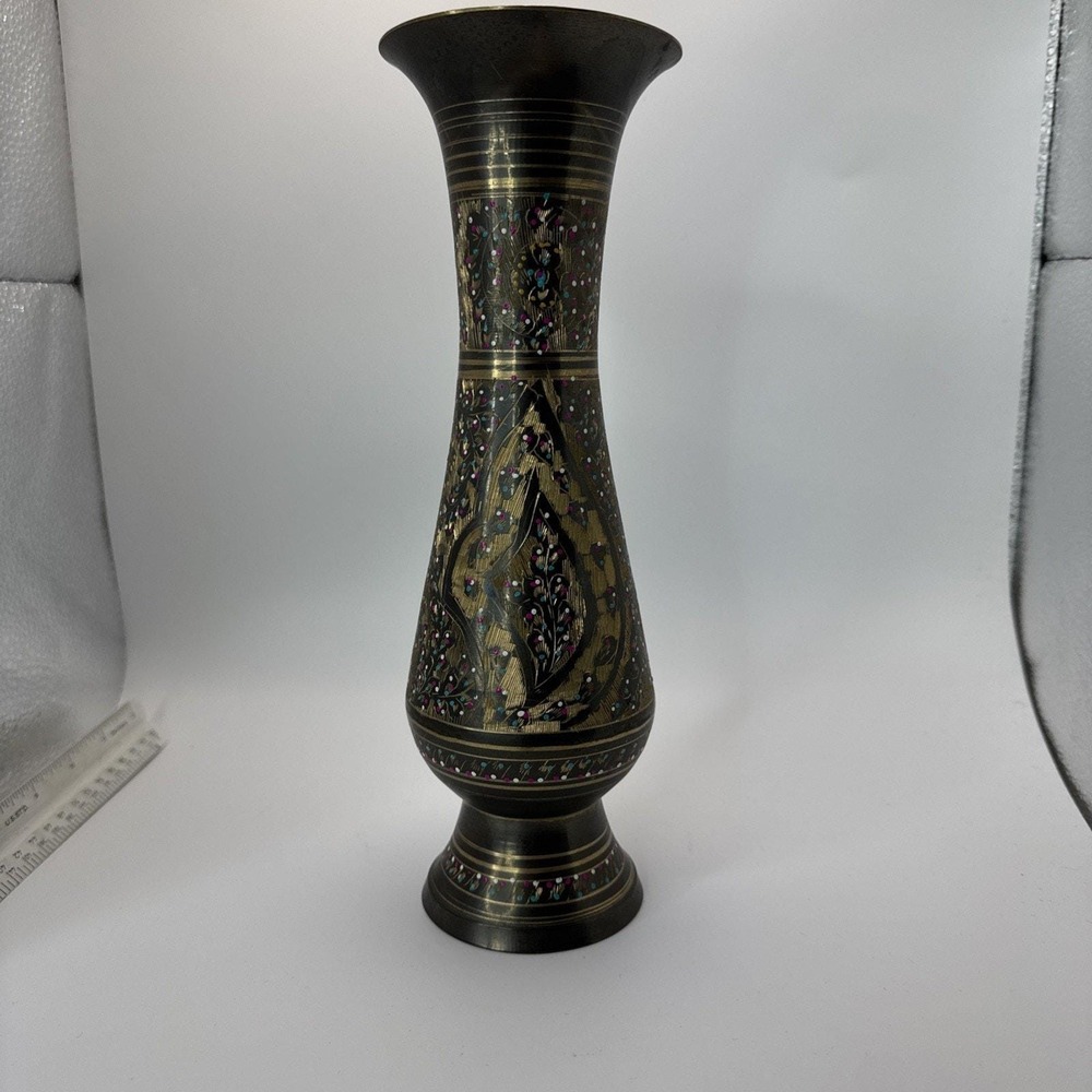 Vintage etched brass Vase white, turquoise and pink hand painted detailing 10"